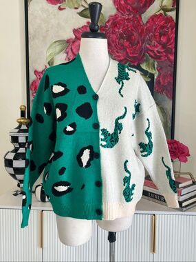 Derax Women's Colorblock Animal Print Cardigan Sweater Green White Size XS NWT